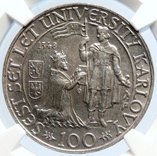 1948 Czechoslovakia - Charles University OLD Silver 100 Korun Coin NGC i105887 picture