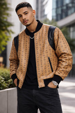 Mens Brown MCM Monogram Leather Bomber Jacket Black Trim Designer Style Coat picture