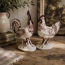 Vintage Pennsbury Pottery Rooster Hen Figurines Pair Folk Art Chicken Set picture
