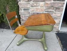 Vintage Wood Metal School Desk Attached Chair Lift Top Local Pickup picture