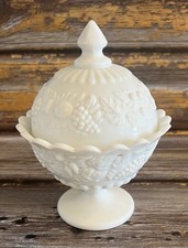 Vintage Westmoreland Milk Glass Pedestal Covered Candy Dish Paneled Grape Design picture