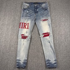 Amiri Jeans Mens 34x31 Light Wash Skinny Red Embroidered Distressed Made USA picture