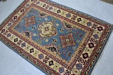 Genuine Kazak Oriental Rug 3x5 ft Blue Cream Geometric Handknotted living room picture