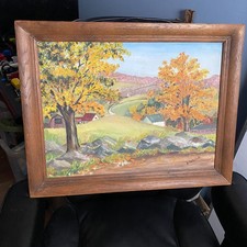 Beautiful Rustic Oil Painting Country Side Fall Landscape, Signed & Framed 22x25 picture