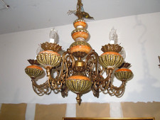 VINTAGE ARTS & CRAFT ORIGINAL LARGE UNUSUAL BRASS & CERAMIC 6 ARM LIGHT FIXTURE picture