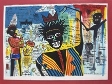 Jean-Michel Basquiat Drawing and painting on old paper signed stamped vintage picture