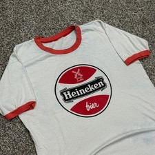 GRAIL True Vintage 70s Heineken Beer Ringer Tee VTG TShirt Mens L White Retro picture