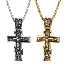Men's Religious Christian Necklace Stainless Steel Jesus Orthodox Cross Pendant picture
