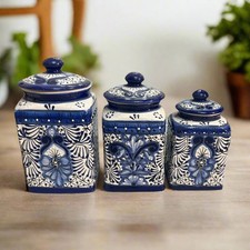Blue Talavera Canister Set | Handmade Mexican Ceramic Jars picture