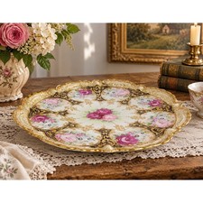Antique Nippon Hand Painted Cake Plate Pink Roses Gold Moriage Platter Handle picture