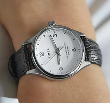 New Timex Waterbury Women's 34mm White Dial Black Leather Watch TW2U97700 picture
