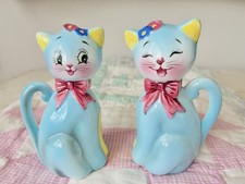 Vintage MCM Norcrest Japan Blue Ceramic Cat Salt & Pepper Shakers Set Figurines picture
