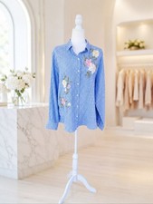 NWT Style & Co XL Blue Stripe Floral Embroidered Linen Blend Button Shirt picture