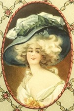 Antique 1800s Victorian Candy Box Insert 👒 Blue Hat Lady German Chromolith NOS picture