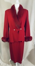 Vtg Roma DeLana Red Wool Skirt Suit Fur Collar Mob Wife Glam 1980s - Size 10 picture