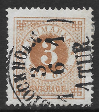 SWEDEN SCOTT 17 USED VF - 1872 3o BISTER BROWN ISSUE - NUMERAL OF VALUE picture