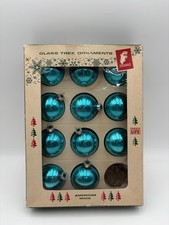 Vintage Franke Glass Christmas Ornaments, Boxed Dozen, Teal Blue picture