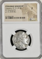 THE CLEOPATRA VII 39BC-38BC Ptolemaic Kingdom Coin NGC Graded Fine Yr14 Ptolemy picture