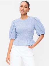 Old Navy Blue Striped Smocked Puff Sleeve Peplum Top Women’s M NW picture