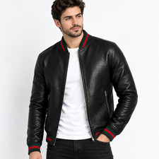 Men's Luxury Style Genuine Black Leather Jacket - Classic Varsity Bomber Jacket picture