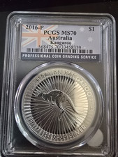 2016 P Australia Kangaroo PCGS MS70 $1 Silver Coin .9999 Fine Flag Label picture