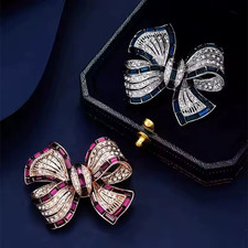 Rhinestone Bow Brooch Pin - Vintage Blue Crystal Lapel Accessory for Women picture