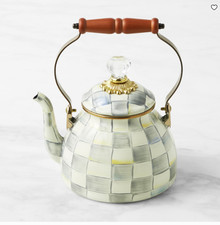 MacKenzie-Childs Sterling Check Tea Kettle Enamel Steel Stovetop Teapot picture