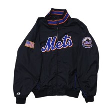 VTG 00s MLB NEW YORK METS MAJESTIC AUTHENTIC DUGOUT JACKET US FLAG PATCH Sz L picture