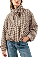 Womens Gingham Bomber Jacket Zip Up Cropped Stand Collar Pockets picture