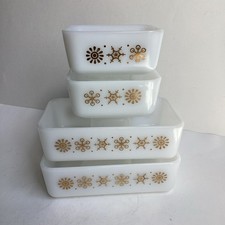 Vintage Glasbake Gold Atomic Snowflake Refrigerator Dishes Set Of 4 Fridge Opal picture