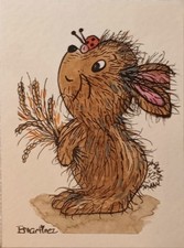 Aceo Original Painting Bunny With Wheat “Feeling Lucky” picture