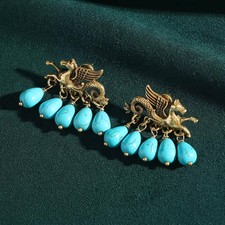 Vintage Jewelry Luxury Designer Gold Color Flying Horse Blue Earrings Drop picture