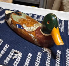 Hand-Painted Wood Glass Eyed Mallard Duck Hunting Decoy Green Head Yellow Bill picture