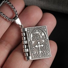 Men Silver Cross Bible Book Pendant Necklace Chain Christian Jewelry Gift picture