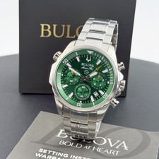 Men's Bulova Marine Star Green Dial Chronograph 96B396 Quartz New Watch 43mm picture