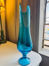 Vintage Mid-Cent. Modern Blenko Style Tall Hand Blown Teal Swung Vase picture