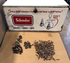 Vintage 1950’s Schrader Tubeless Tire Valves Cores Caps Parts &Display Cabinet picture
