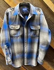 Pendleton Men’s L Blue Gray Plaid Wool Flannel Button Up Shirt Pockets picture