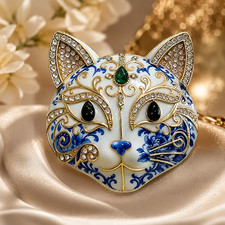 Vintage Halloween Blue Cat Mask Brooch Pin Gold Crystal Rhinestone Jewelry Gift picture