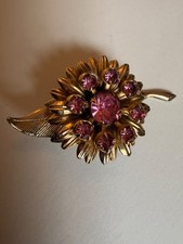 Vintage Gold Tone Pink Rhinestone Crystal Floral Brooch picture