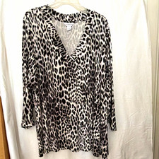 Liz Claiborne 2X Plus Black/White Leopard V-Neck 3/4 Sleeve Tunic Top picture