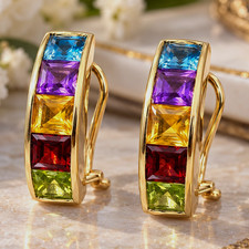 Vintage T&C 14K Gold Multigem Earrings Topaz Amethyst Citrine Garnet Peridot picture