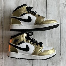 PREOWNED NIKE AIR JORDAN DC1420-700 GOLD WHITE BLACK YOUTH SIZE 6.5 SNEAKERS picture