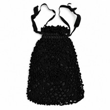 Antique 1910s 1920s Black Crochet Reticule Silk Lined Floral Evening Purse picture