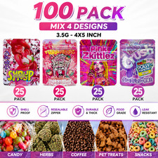 100 Pack 3.5g Mixed Stand Up Mylar Bags Resealable Smell Proof Candy Pouches  picture