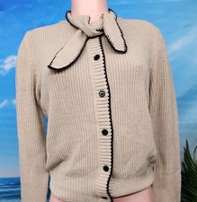 Nwt Commense Beige Wool Blend Tie-Neck Ribbed Cardigan with Black Trim Medium  picture