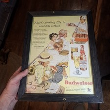 Vintage 1950s Budweiser Beer Baseball Advertisement Picture Framed Glass picture