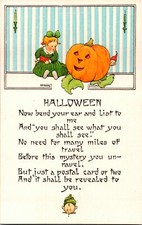 Vintage Adorable Little Girl, Jack O' Lantern, Pumpkin,Goblin Halloween Postcard picture