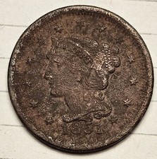1851 Braided Hair Large Cent - AU Almost Uncirculated Details picture