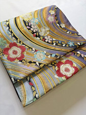 Japanese Fukuro Obi Gold Floral Brocade Purple Green Kimono Belt Vintage Japan picture
